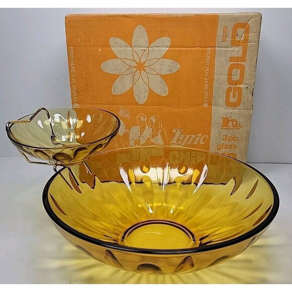 MCM Hazelware Brockway Gold Glass LYRIC Pattern Chip 'N Dip 3 Piece Set with Box - Picture 1 of 6